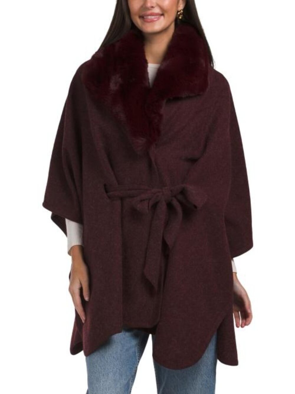 ADRIENNE VITTADINI Ruana With Belt And Faux Mink Collar